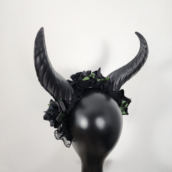 Krampus Horns Straight Pointy Devil Demon Headband Black Rose Costume Head Piece - Picture 5 of 6